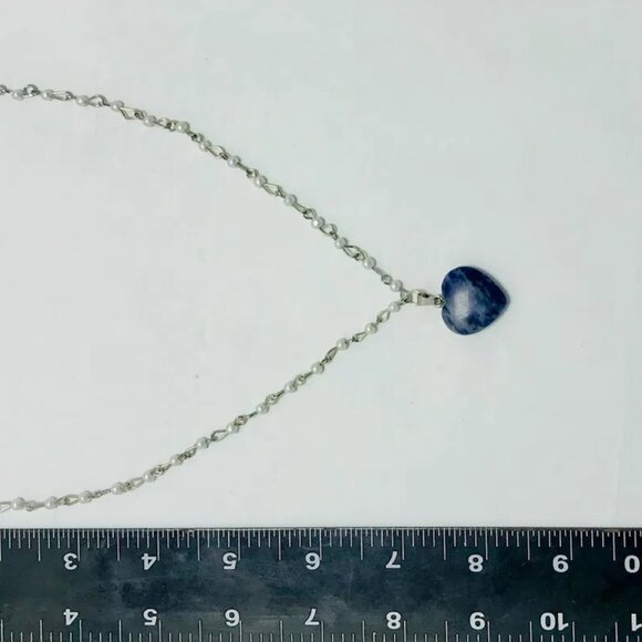 Beaded Chain Necklace With Blue Rhodonite Stone Heart Shape Pendant, Handmade - Picture 12 of 14